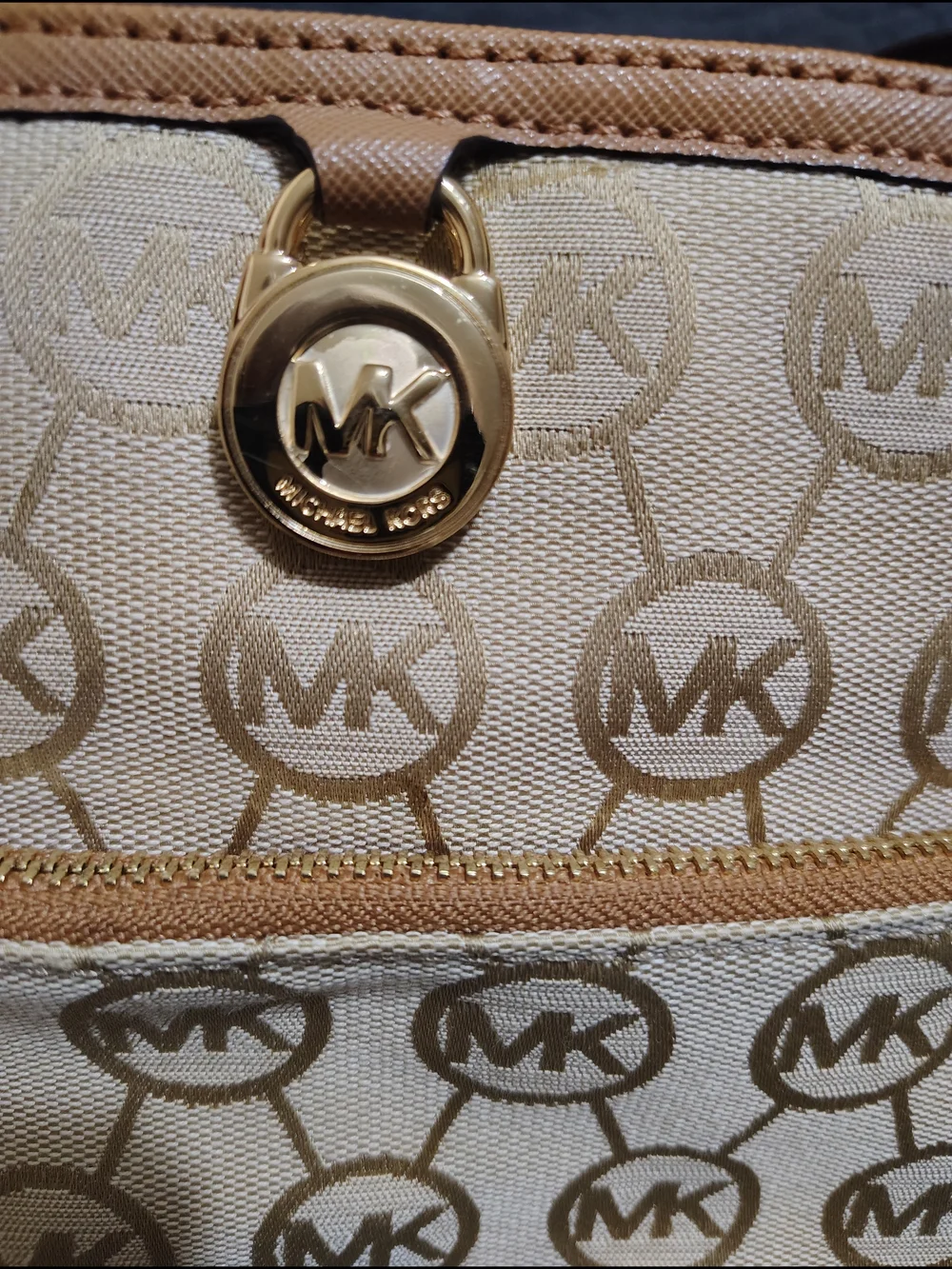 Michael Kors Beige Signature Crossbody with Tan Trim